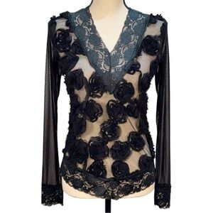 French Laundry by Neto Sheer Black Lace Top with 3D Floral Embellishments